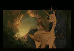 Size: 4082x2846 | Tagged: safe, artist:fridagloria, derpibooru import, oc, unofficial characters only, alicorn, bird, insect, owl, pony, alicorn oc, detailed background, female, forest, frame, horn, image, jpeg, mare, multiple horns, solo, tree, wings