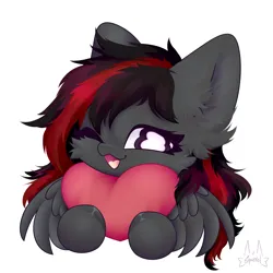 Size: 2048x2048 | Tagged: safe, artist:squirrel, derpibooru import, oc, oc:se solar eclipse, fluffy pony, pegasus, pony, cheek fluff, cute, ear fluff, fluffy, happy, heart, holding, image, in love, one eye closed, open mouth, pegasus oc, png, pony oc, puppy dog eyes, simple background, solo, spread wings, sticker, white background, wings