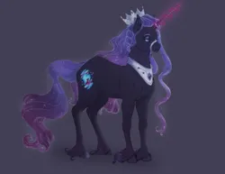 Size: 2048x1583 | Tagged: safe, artist:sawolhost, derpibooru import, oc, oc:serenade nebula, unofficial characters only, pony, unicorn, bio in description, crown, ethereal mane, female, gray background, hybrid oc, image, jewelry, jpeg, magic, mare, peytral, regalia, simple background, solo, starry mane, unshorn fetlocks