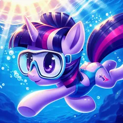 Size: 1024x1024 | Tagged: safe, derpibooru import, machine learning generated, twilight sparkle, pony, unicorn, ai content, alternate cutie mark, bubble, butt, clothes, cute, female, flippers (gear), flowing mane, flowing tail, generator:bing image creator, generator:dall-e 3, horn, image, jpeg, mare, ocean, one-piece swimsuit, plot, smiling, solo, sunlight, swimming, swimsuit, tail, twibutt, underwater, unicorn twilight, water, wrong cutie mark