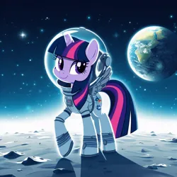 Size: 1024x1024 | Tagged: safe, derpibooru import, machine learning generated, twilight sparkle, twilight sparkle (alicorn), alicorn, pony, ai content, astronaut, earth, female, generator:bing image creator, generator:dall-e 3, image, jpeg, mare, moon, rock, scenery, solo, space, space helmet, spacesuit, spread wings, tail, wings