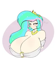 Size: 2894x3693 | Tagged: suggestive, artist:aerodoggy, derpibooru import, princess celestia, human, big breasts, breasts, bust, busty princess celestia, celestia is not amused, cleavage, female, frown, high res, huge breasts, humanized, image, impossibly large breasts, jpeg, signature, simple background, solo, solo female, unamused, white background