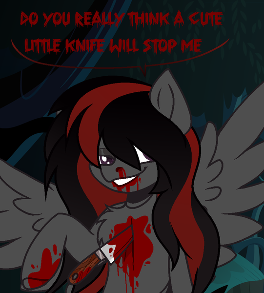 Size: 902x1000 | Tagged: grimdark, artist:vi45, derpibooru import, oc, oc:se solar eclipse, pegasus, pony, blood, blood on face, blood splatter, female, hair covering face, image, knife, looking at you, mare, monologue, nosebleed, pegasus oc, png, pony oc, simple background, smiling, smiling at you, smirk, solo, speech bubble, spread wings, stabbed, stabbing, talking, taunting, text, wings