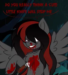 Size: 902x1000 | Tagged: grimdark, artist:vi45, derpibooru import, oc, oc:se solar eclipse, pegasus, pony, blood, blood on face, blood splatter, female, hair covering face, image, knife, looking at you, mare, monologue, nosebleed, pegasus oc, png, pony oc, simple background, smiling, smiling at you, smirk, solo, speech bubble, spread wings, stabbed, stabbing, talking, taunting, text, wings