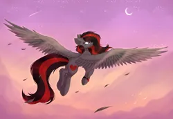Size: 3200x2200 | Tagged: safe, artist:kripta-00, derpibooru import, oc, oc:se solar eclipse, unofficial characters only, bird, pegasus, pony, chest fluff, crescent moon, determined, determined look, ear fluff, feather, female, fluffy, flying, image, leg fluff, mare, moon, night, night sky, pegasus oc, png, pony oc, shooting star, simple background, sky, sky background, smiling, solo, solo female, spread wings, stars, watch, wing fluff, wings, wristwatch