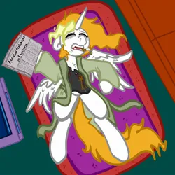 Size: 2000x2000 | Tagged: safe, artist:nootaz, derpibooru import, oc, oc:dyx, alicorn, pony, bathrobe, cigarette, clothes, commission, female, image, jpeg, lying down, mare, newspaper, older, older dyx, on back, overhead view, robe, simpsons did it, solo