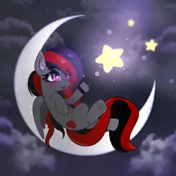 Size: 2000x2000 | Tagged: safe, artist:anthrax, derpibooru import, oc, oc:se solar eclipse, unofficial characters only, pegasus, pony, cloud, cloudy, complex background, crescent moon, cute, ear fluff, eye clipping through hair, eyelashes, female, female oc, folded wings, happy, image, lying down, mare, moon, night, night sky, on back, on the moon, pegasus oc, png, pony oc, reaching, sky, smiling, solo, starry eyes, stars, watch, wingding eyes, wings, wristwatch