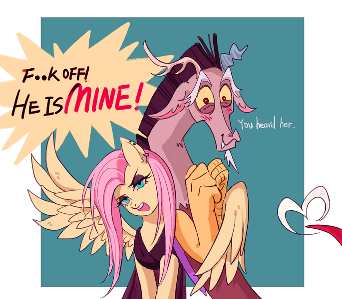 Size: 2126x1863 | Tagged: safe, derpibooru import, discord, fluttershy, draconequus, pegasus, pony, abstract background, blushing, censored, clothes, dialogue, discoshy, dress, ear piercing, earring, female, fluttergoth, hug, image, jewelry, jpeg, male, piercing, possessive, shipping, straight, vulgar, winghug, wings