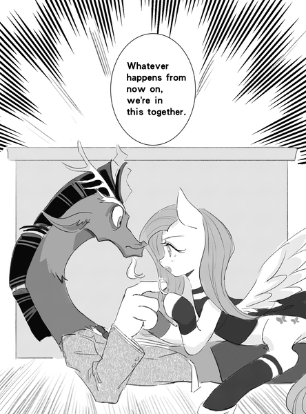 Size: 1772x2395 | Tagged: safe, artist:sadistjolt, derpibooru import, discord, fluttershy, ponified, draconequus, pony, clothes, crossover, discoshy, dress, female, image, jewelry, jpeg, male, mare, monochrome, necktie, ring, screentone, shipping, spy x family, straight, suit