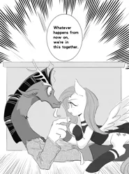 Size: 1772x2395 | Tagged: safe, artist:sadistjolt, derpibooru import, discord, fluttershy, ponified, draconequus, pony, clothes, crossover, discoshy, dress, female, image, jewelry, jpeg, male, mare, monochrome, necktie, ring, screentone, shipping, spy x family, straight, suit