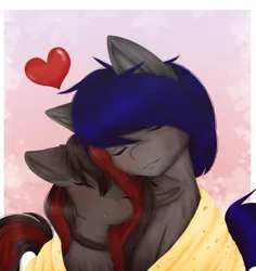 Size: 3300x3500 | Tagged: safe, artist:rafi, derpibooru import, oc, oc:mb midnight breeze, oc:se solar eclipse, unofficial characters only, pegasus, pony, blanket, blanket burrito, choker, detailed, detailed hair, duo, duo male and female, eyes closed, female, floating heart, floppy ears, heart, heart background, image, in love, leaning, male, mare, nuzzling, oc x oc, pegasus oc, png, pony oc, shipping, simple background, sleeping, smiling, snuggling, stallion, wings