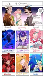 Size: 2258x3851 | Tagged: safe, artist:sadistjolt, derpibooru import, accord, discord, fluttershy, nightmare moon, pinkie pie, twilight sparkle, alicorn, demon, hedgehog, human, unicorn, alastor, book, bowtie, candy, candy cane, chef's hat, clothes, dark skin, dialogue, discoshy, dress, eared humanization, ethereal mane, female, flower, flower in hair, food, gala dress, glasses, hair accessory, hat, hazbin hotel, helmet, holding hands, horn, horned humanization, humanized, image, jpeg, kusukusu, male, mashiro rima, sharp teeth, shipping, shugo chara, sonic the hedgehog, sonic the hedgehog (series), starry mane, straight, studying, suit, teeth, top hat, winged humanization, wings