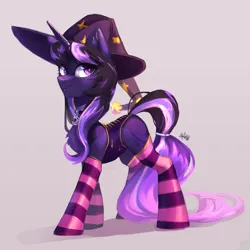 Size: 3531x3531 | Tagged: safe, artist:charlot, derpibooru import, oc, unofficial characters only, pony, unicorn, clothes, costume, halloween, halloween costume, hat, holiday, horn, image, jewelry, necklace, png, socks, solo, stockings, striped socks, thigh highs, unicorn oc, witch, witch costume, witch hat