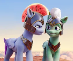 Size: 2138x1800 | Tagged: safe, derpibooru import, edit, edited screencap, screencap, pegasus, pony, g5, my little pony: a new generation, armor, duo, duo male and female, female, food, frown, guardsmare, helmet, image, looking at each other, looking at someone, male, mare, pegasus royal guard, png, royal guard, smiling, stallion, thunder flap, watermelon, zoom is not amused, zoom zephyrwing