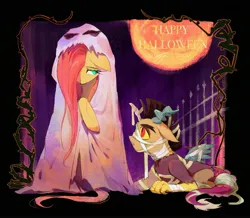 Size: 2924x2545 | Tagged: safe, artist:sadistjolt, derpibooru import, discord, fluttershy, draconequus, pegasus, pony, bandage, clothes, costume, discoshy, female, full moon, ghost costume, halloween, halloween costume, holiday, image, jpeg, male, mare, moon, shipping, straight, young discord, younger