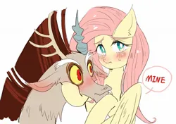 Size: 1526x1074 | Tagged: safe, artist:sadistjolt, derpibooru import, discord, fluttershy, draconequus, pegasus, pony, blushing, dialogue, discoshy, female, image, jpeg, male, mare, possessive, shipping, simple background, straight, white background