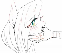 Size: 1222x1050 | Tagged: suggestive, artist:sadistjolt, derpibooru import, discord, fluttershy, draconequus, pegasus, pony, blushing, bust, disembodied hand, drool, female, finger in mouth, hand, image, implied discoshy, implied shipping, implied straight, jpeg, male, offscreen character, open mouth, partial color, simple background, sketch, solo focus, teary eyes, white background