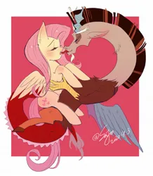 Size: 1788x2048 | Tagged: suggestive, artist:sadistjolt, derpibooru import, discord, fluttershy, draconequus, pegasus, pony, abstract background, discoshy, female, french kiss, holding a pony, image, jpeg, kissing, male, mare, shipping, straight