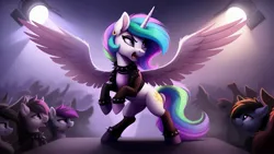 Size: 2560x1440 | Tagged: safe, derpibooru import, machine learning generated, princess celestia, alicorn, pony, ai content, bracelet, clothes, collar, concert, crowd, ear piercing, earring, eyeshadow, female, fishnet clothing, generator:easyfluff v11.2, heavy metal, image, jacket, jewelry, jpeg, leather, leather jacket, looking sideways, makeup, mare, piercing, prompter:siber, rearing, short mane, socks, solo, spiked collar, spiked wristband, spotlight, spread wings, stage, thigh highs, wings, wristband