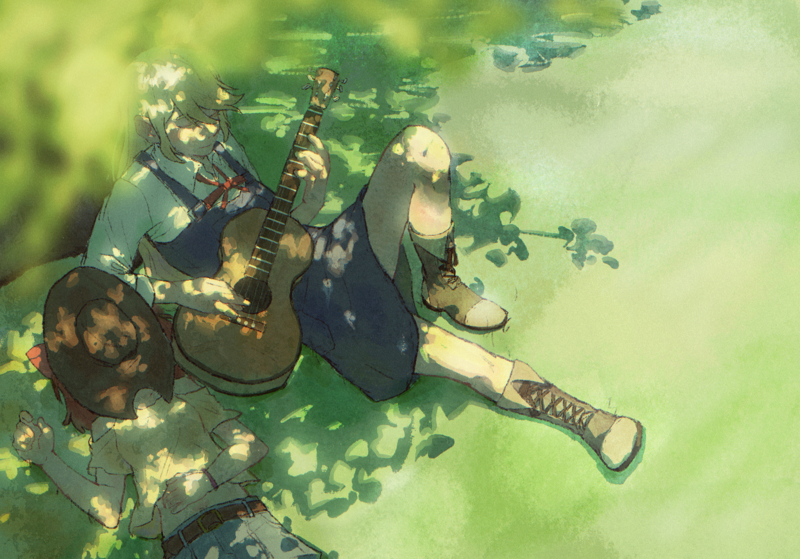 Size: 2388x1668 | Tagged: safe, artist:正岡正明, derpibooru import, apple bloom, applejack, human, apple sisters, belt, boots, clothes, female, guitar, hat over eyes, humanized, image, lying down, musical instrument, outdoors, png, shoes, siblings, sisters, skirt, sleeping, tree