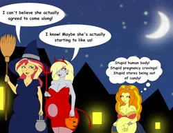 Size: 1162x899 | Tagged: safe, artist:foxtide888, derpibooru import, adagio dazzle, derpy hooves, sunset shimmer, human, equestria girls, big breasts, breasts, broom, clothes, costume, dc comics, dc extended universe, dc superhero girls, devil costume, devil dress, devil horns, female, g4, halloween, halloween costume, hat, holiday, horns, image, moon, pitchfork, png, pregnancy cravings, pregnant, trick or treat, trio, trio female, witch, witch costume, witch hat, wonder woman
