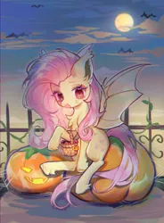 Size: 3215x4362 | Tagged: safe, artist:jelly-candy, artist:twiligh44097152, derpibooru import, fluttershy, bat, bat pony, pony, basket, bat ears, bat ponified, bat wings, candy, chest fluff, cute, eyebrows, fangs, female, flutterbat, food, full moon, g4, halloween, high res, holiday, image, jack-o-lantern, jpeg, looking at you, mare, moon, open mouth, outdoors, pumpkin, race swap, shyabates, shyabetes, signature, solo, spread wings, wings