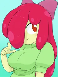 Size: 1536x2048 | Tagged: safe, artist:batipin, derpibooru import, apple bloom, human, equestria girls, breasts, busty apple bloom, hair over one eye, image, jpeg, looking at you, no nose, smiling, smiling at you