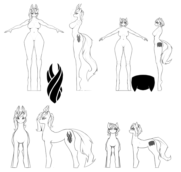 Size: 3150x3000 | Tagged: suggestive, artist:nsilverdraws, derpibooru import, oc, oc:razlad, oc:solara, unofficial characters only, anthro, pony, black and white, concept art, cutie mark, front view, grayscale, image, monochrome, png, reference sheet, side view