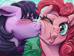 Size: 4096x3097 | Tagged: safe, artist:thendyart, derpibooru import, pinkie pie, twilight sparkle, earth pony, pony, unicorn, blushing, eyes closed, female, image, jpeg, kiss on the cheek, kissing, lesbian, shipping, twinkie, unicorn twilight, wide eyes