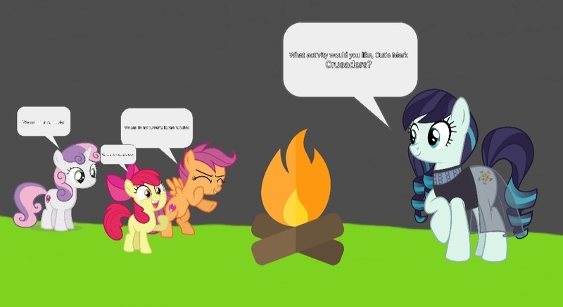 Size: 1080x588 | Tagged: safe, derpibooru import, edit, apple bloom, coloratura, scootaloo, sweetie belle, earth pony, pegasus, pony, unicorn, campfire, cutie mark crusaders, female, illegible, image, jpeg