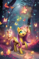 Size: 1800x2700 | Tagged: safe, artist:allegrenix, derpibooru import, fluttershy, butterfly, insect, pegasus, pony, bioluminescent, forest, full moon, happy, image, jpeg, moon, night, open mouth, open smile, raised hoof, smiling, tree