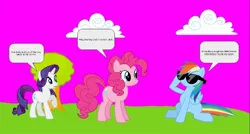 Size: 1080x578 | Tagged: safe, derpibooru import, edit, pinkie pie, rainbow dash, rarity, earth pony, pegasus, pony, unicorn, female, illegible, image, jpeg, pink sky, sunglasses, wat