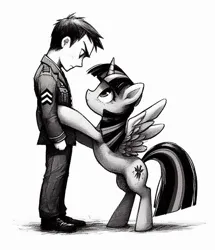Size: 605x702 | Tagged: safe, derpibooru import, machine learning generated, twilight sparkle, alicorn, human, pony, ai content, black and white, black and white mane, cutie mark, detailed, eye, eyes, female, generator:bing image creator, generator:dall-e 3, grayscale, horn, image, looking at someone, mane, mare, monochrome, png, rear view, simple background, white background