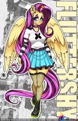 Size: 792x1224 | Tagged: safe, artist:inkkeystudios, derpibooru import, fluttershy, anthro, pegasus, clothes, edgy, emo, fishnets, gameloft, goth, image, jewelry, makeup, png, punk, skirt, socks, solo, thigh highs