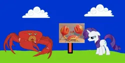 Size: 1077x546 | Tagged: safe, derpibooru import, edit, rarity, crab, giant crab, female, image, jpeg, rarity fighting a giant crab, sign