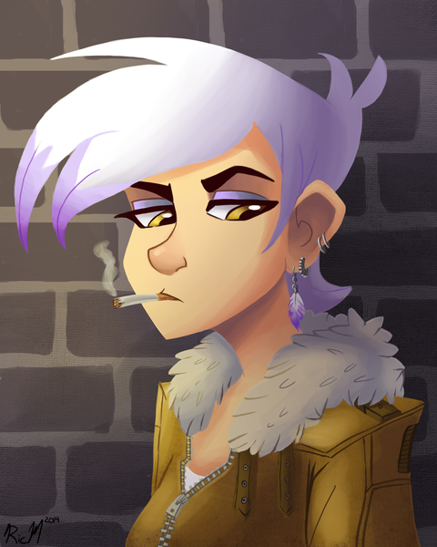 Size: 1200x1500 | Tagged: safe, artist:ric-m, gilda, human, bomber jacket, brick wall, cigarette, clothes, ear piercing, earring, female, humanized, image, jacket, jewelry, looking down, piercing, png, smoking, solo