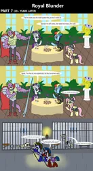 Size: 1920x3516 | Tagged: safe, artist:platinumdrop, derpibooru import, commander hurricane, derpy hooves, fluttershy, princess platinum, private pansy, rainbow dash, rarity, spike, dragon, pegasus, pony, unicorn, comic:royal blunder, 20% cooler, 3 panel comic, abuse, alternate universe, ankle cuffs, armor, ball and chain, bars, beefspike, bone, bowl, bust, cake, cape, chained, chains, clothes, column, comic, commission, crown, cuffed, cuffs, dead, derpybuse, dialogue, door, drink, drinking, dungeon, eating, eyes closed, female, floppy ears, flower, folded wings, food, garden, gem, gigachad spike, glow, glowing horn, gold, guard, hat, hoof hold, horn, image, indoors, jail, jail cell, jewelry, magic, makeup, male, mare, muffin, older, older derpy hooves, older fluttershy, older rainbow dash, older rarity, older spike, open mouth, pillar, plants, platinum, pleading, png, princess, prison, prison cell, prison outfit, prison stripes, prisoner, punishment, regalia, restraints, royal, royalty, sad, shackles, sitting, skeleton, spear, speech bubble, spider web, stallion, statue, table, tablecloth, talking, tea, tea party, teapot, telekinesis, torch, uniform, vase, walking, wall of tags, weapon, window, wings