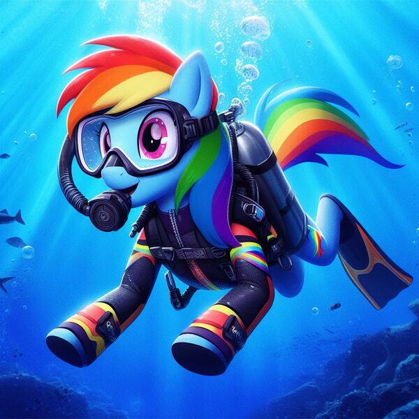 Size: 1024x1024 | Tagged: safe, derpibooru import, machine learning generated, rainbow dash, pegasus, ai content, bubble, dive mask, flippers (gear), generator:bing image creator, goggles, image, jpeg, oxygen tank, scuba diving, scuba gear, scuba tank, underwater, water, wetsuit