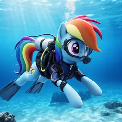 Size: 1024x1024 | Tagged: safe, derpibooru import, machine learning generated, rainbow dash, pegasus, ai content, dive mask, flippers (gear), generator:bing image creator, goggles, image, jpeg, scuba diver, scuba diving, scuba gear, swimming, underwater, water, wetsuit