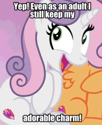 Size: 367x449 | Tagged: safe, edit, edited screencap, editor:undeadponysoldier, ponerpics import, ponybooru import, screencap, scootaloo, sweetie belle, pony, unicorn, growing up is hard to do, awesome face, cropped, cute, diasweetes, female, gif, image, mare, older, older sweetie belle, solo, solo focus