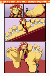 Size: 1280x1969 | Tagged: safe, derpibooru import, flash sentry, sunset shimmer, equestria girls, feet, female, giantess, image, jpeg, macro, male, pedicure, size difference, smaller male, soles