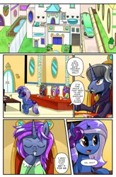 Size: 1280x1949 | Tagged: safe, artist:skikey, derpibooru import, oc, oc:dia pentacle, oc:duke pentacle, oc:nova sapphire, pony, unicorn, comic:revolution of harmony, broken horn, cousins, father and child, father and daughter, female, food, horn, image, jpeg, male, mare, stallion, uncle and niece, unicorn oc