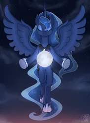 Size: 1577x2160 | Tagged: safe, artist:nira the dark, derpibooru import, princess luna, alicorn, pony, ethereal mane, feathered wings, female, floating, galaxy mane, galaxy tail, horn, image, jpeg, moon, night, peytral, solo, spread wings, tangible heavenly object, unicorn horn, wings