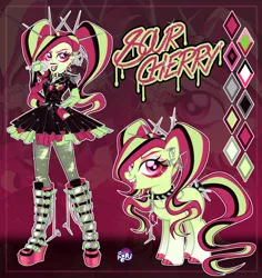 Size: 1280x1356 | Tagged: safe, artist:emperor-anri, derpibooru import, oc, oc:sour cherry, unofficial characters only, earth pony, human, pony, equestria girls, belt, black lipstick, boots, chains, choker, clothes, color palette, colored eyelashes, colored hooves, dress, ear piercing, earth pony oc, epaulettes, eyeshadow, fangs, female, fingerless gloves, fishnet pantyhose, gem, gloves, gradient legs, hand on hip, hoof polish, image, jpeg, lipstick, looking at you, magenta background, magenta eyes, magical lesbian spawn, makeup, mare, microphone, mismatched gloves, nails, nose piercing, nose ring, offspring, open mouth, parent:aria blaze, parent:sunset shimmer, parents:sunaria, piercing, pigtails, punk, reference sheet, ripped stockings, self paradox, self ponidox, shoes, siren gem, smiling, socks, sparkles, spiked belt, spiked choker, standing, stockings, text, thigh highs, tongue piercing, torn clothes