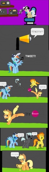 Size: 401x1409 | Tagged: safe, derpibooru import, edit, applejack, mayor mare, rainbow dash, spitfire, thunderlane, earth pony, pegasus, pony, unicorn, comic:sports up, ball, bucking, headphones, image, jpeg, microphone, rainbow dashs coaching whistle, referee rainbow dash, speaker, sports, that pony sure does love whistles, trophy, whistle