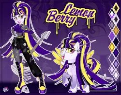 Size: 1280x996 | Tagged: safe, artist:emperor-anri, derpibooru import, oc, oc:lemon berry, unofficial characters only, human, pegasus, pony, equestria girls, belt, body freckles, boots, chains, clothes, coat markings, color palette, colored hooves, colored wings, colored wingtips, ear piercing, earring, eyeshadow, fangs, female, fishnet pantyhose, freckles, gem, golden eyes, gradient legs, guitar, hand on hip, high ponytail, hoof polish, image, jewelry, jpeg, leg freckles, lipstick, long hair, long mane, long tail, magical lesbian spawn, makeup, mare, mismatched shoes, musical instrument, nail polish, offspring, open mouth, pale belly, pants, parent:adagio dazzle, parent:trixie, parents:triagio, pegasus oc, piercing, pin, ponytail, punk, purple background, purple lipstick, raised hoof, reference sheet, ripped pants, self paradox, self ponidox, shoes, simple background, siren gem, skull, smiling, socks (coat marking), sparkles, spread wings, standing, tail, torn clothes, wings, yellow eyes