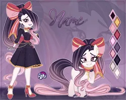 Size: 1280x1021 | Tagged: safe, artist:emperor-anri, derpibooru import, oc, unnamed oc, unofficial characters only, earth pony, human, pony, equestria girls, adoptable, bow, chains, clothes, collar, color palette, colored hooves, dress, eyeshadow, gloves, gradient hair, gradient legs, gradient mane, gradient tail, hair bow, hand on chest, high heels, hoof polish, image, jpeg, lavender background, lidded eyes, lipstick, long hair, long mane, long tail, looking at you, makeup, pink eyes, ponytail, purple lipstick, raised hoof, shoes, simple background, standing, tail