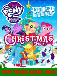 Size: 1074x1428 | Tagged: safe, derpibooru import, edit, applejack, fluttershy, pinkie pie, rainbow dash, rarity, twilight sparkle, best gift ever, 2018, christmas, christmas stocking, christmas tree, hearth's warming, holiday, image, mane six, png, poster, present, tree, wreath
