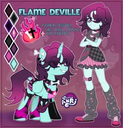 Size: 1280x1335 | Tagged: safe, artist:emperor-anri, derpibooru import, oc, oc:flame deville, alicorn, human, pony, equestria girls, alicorn oc, belt, choker, clothes, collar, collarbone, color palette, commission, crossed arms, ear piercing, earring, eye clipping through hair, eyeshadow, fingerless gloves, gloves, gradient hair, gradient mane, gradient tail, grin, horn, image, jewelry, jpeg, leg warmers, looking at you, makeup, piercing, pink background, punk, purple eyes, self paradox, self ponidox, shirt, shoes, simple background, skirt, smiling, sneakers, spiked collar, standing, t-shirt, tail, wing brace, wings