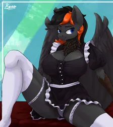 Size: 3821x4266 | Tagged: suggestive, artist:ryanmandraws, derpibooru import, oc, oc:acrylic breeze (r63), anthro, hippogriff, pegasus, big breasts, breasts, clothes, female, image, maid, panties, pegasus oc, png, rule 63, sitting, skirt, smug, socks, solo, solo female, thighs, underwear, wings